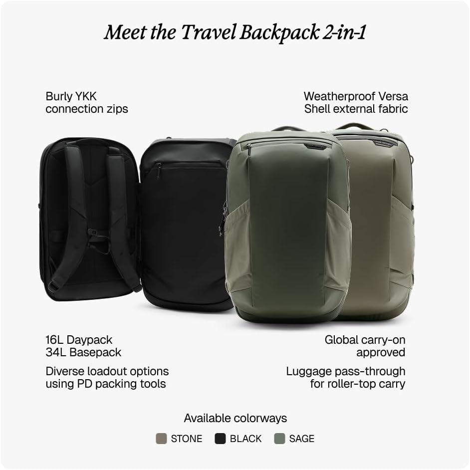 image:imagePeak Design Travel Backpack 2in1 40L Black Modular Travel Backpack System Detachable Daypack Laptop and Tablet Storage Weatherproof Design Adjustable Fit for Carry On and Everyday Traveling