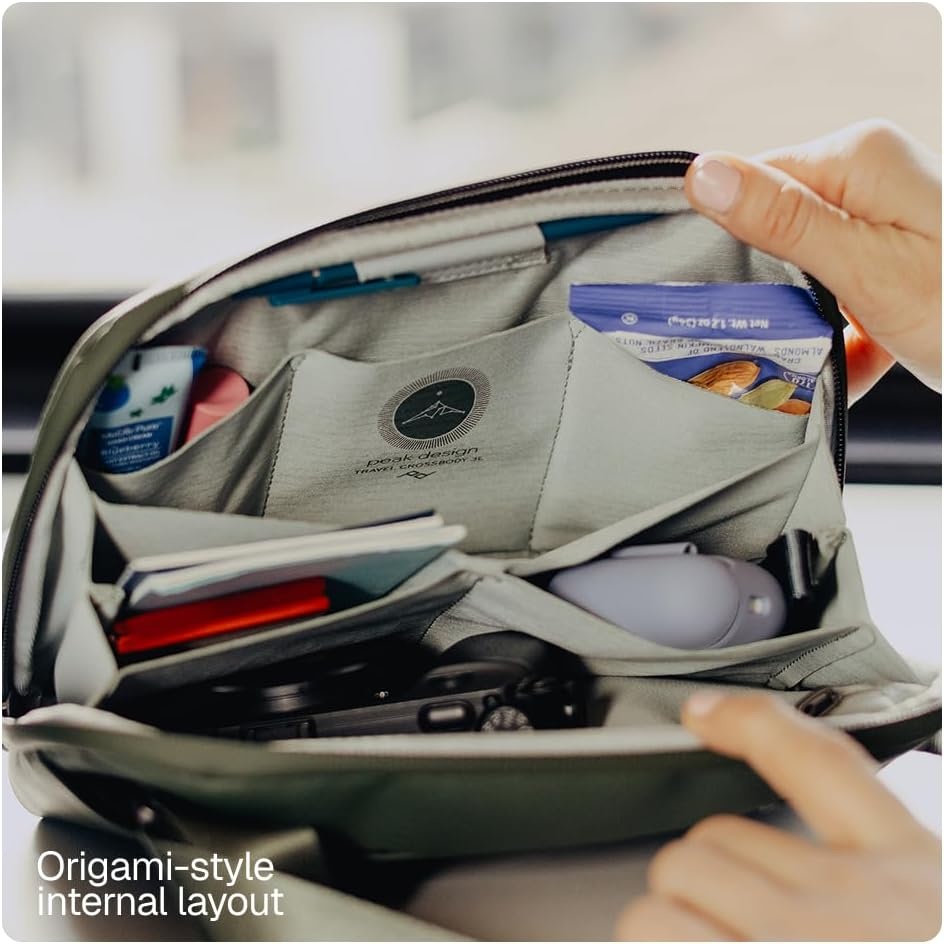 image:imagePeak Design Travel Crossbody 3L Sage Compact Travel Sling Bag for Essentials and Tech Origami Organization Magnetic Phone Pocket Weatherproof Design Adjustable Strap for Everyday Carry