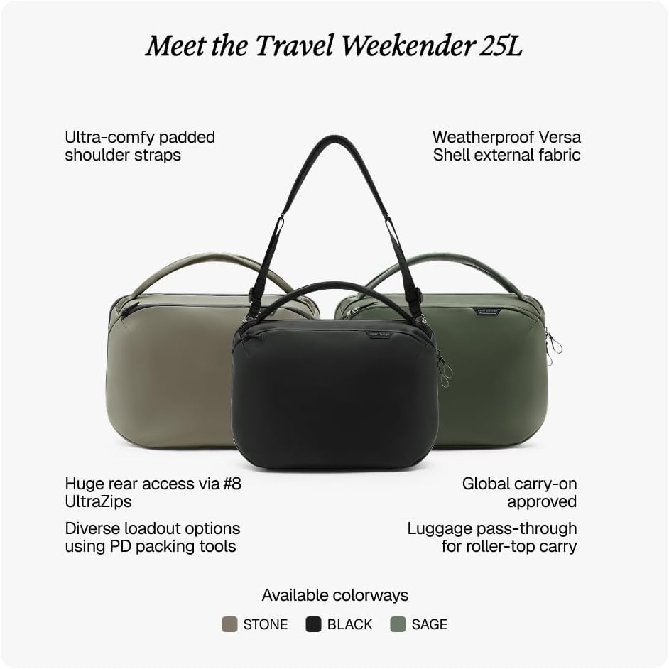 image:imagePeak Design Travel Weekender 25L Stone Structured Travel Duffel Bag for Overnight Weekend and Everyday Carry Laptop and Tablet Storage Weatherproof Design Adjustable Shoulder Strap for Travel